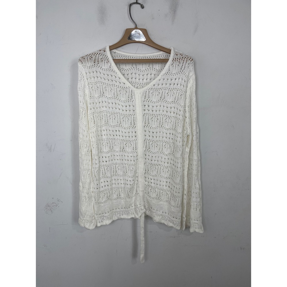 White Pointelle Crochet Open Knit Ruched Front Drawstring Sweater RT5525 Large